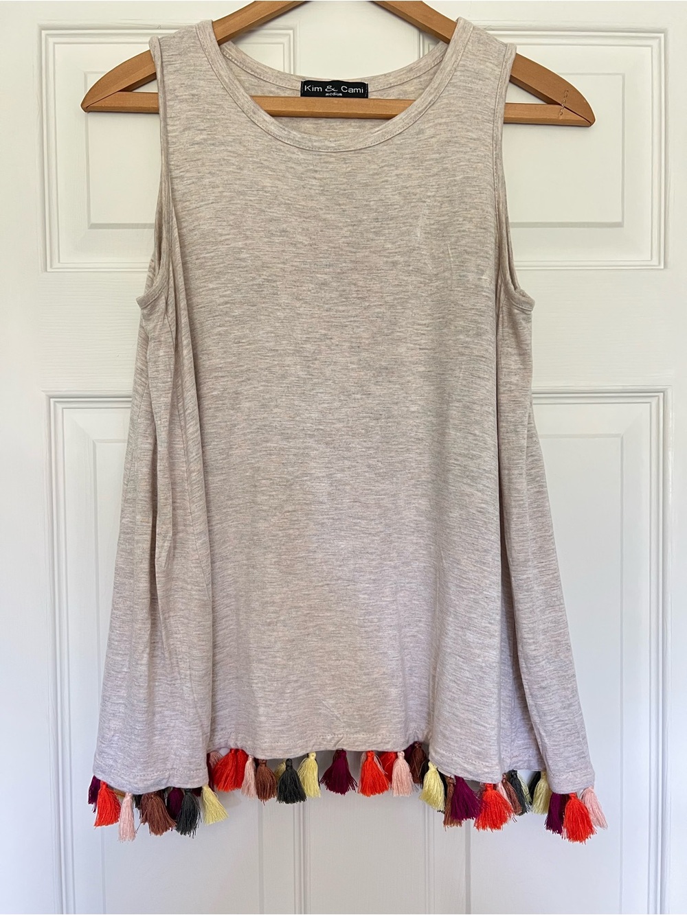 Kim & Cami Beige Sleeveless Tank with Multicolor Tassel Hem- M